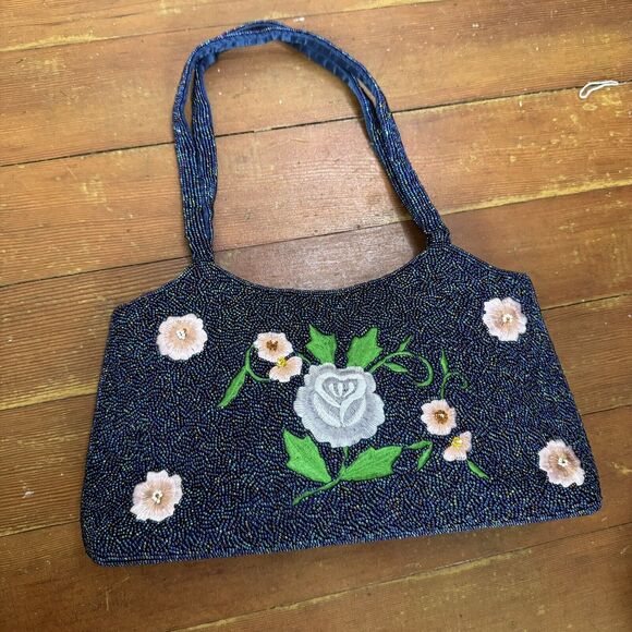 Vintage Blue Floral Beaded Handbag Indie Fairy Purse Boho 90s - Picture 5 of 11